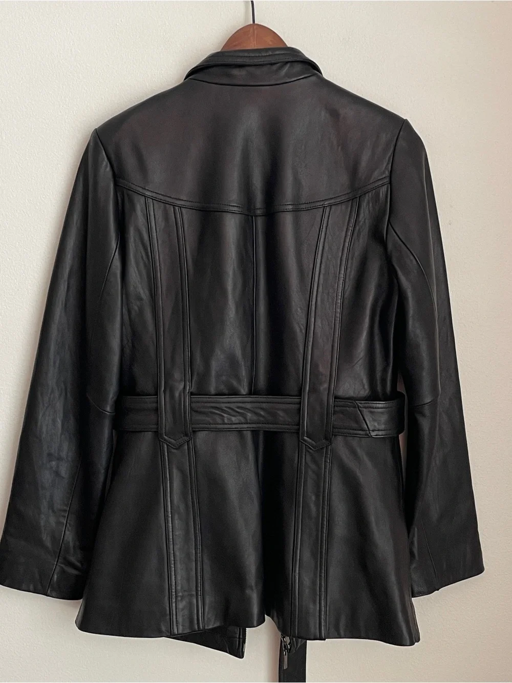 VTG Y2K Genuine Leather Jacket Womens Medium Black Belted Moto Biker Mock Neck
